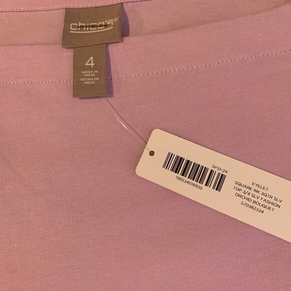 Chico's Top NWT Size 4 (2X) Eyelet 3/4 Sleeve Square Neck Scalloped Orchid - Picture 4 of 7